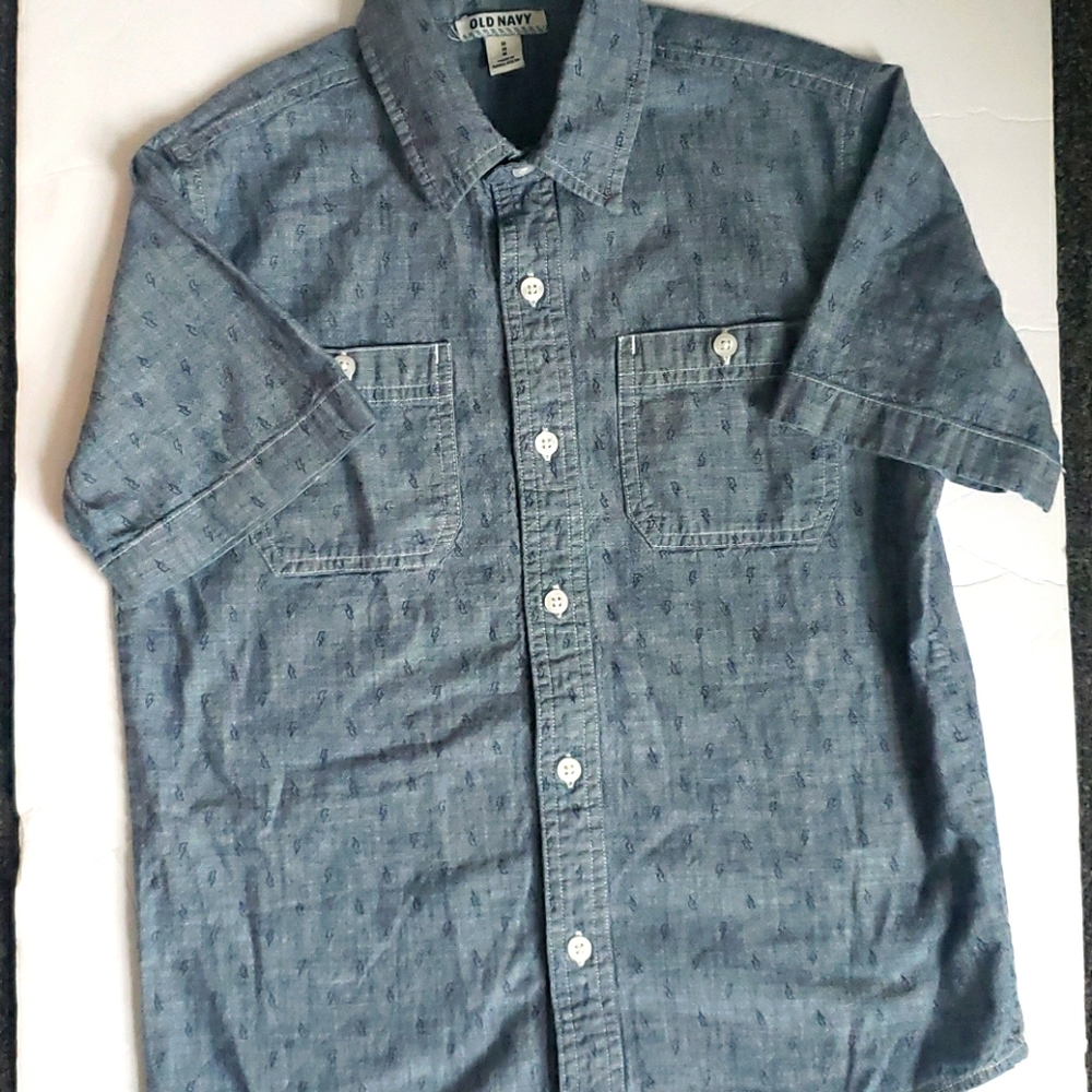 Boys denim lightening print button down shirt